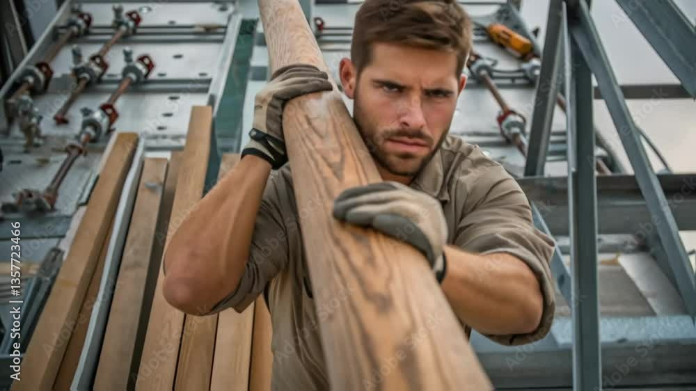 Poster A medium closeup of a lineman skillfully maneuvering a long wooden pole to secure an insulator onto a metal framework with focused attention on the task.