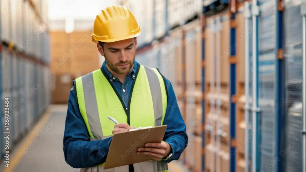 Poster A medium closeup of a logistics worker in a safety vest and hard hat checking an inventory list on a clipboard with a row of containers lined up in the background.