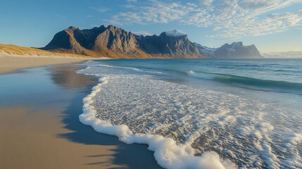 Serene beach scene with gentle waves lapping a sandy shore, backed by majestic mountains under a clear sky