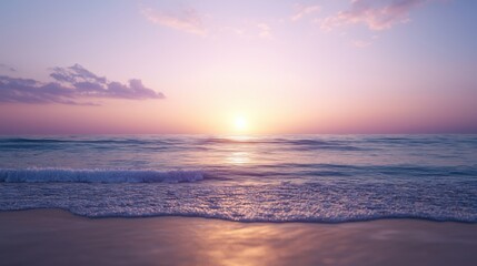 A serene sunset over calm ocean waves, casting a soft glow across the water and reflecting a tranquil atmosphere.