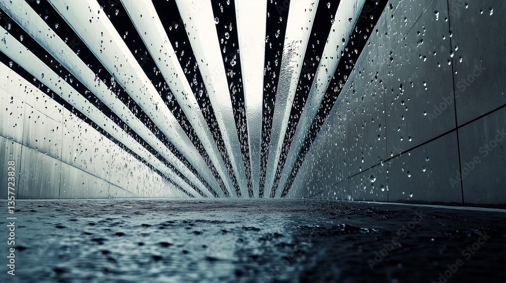 Poster cascading lines of rain captured in mid-motion creating an artistic play of water and light in an ur