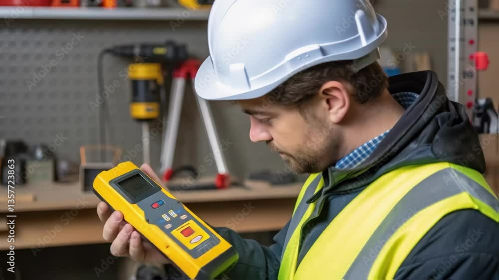 Aufkleber A medium closeup of an engineer calibrating a sensor showing the blend of technology and construction with tools and safety equipment in the background.