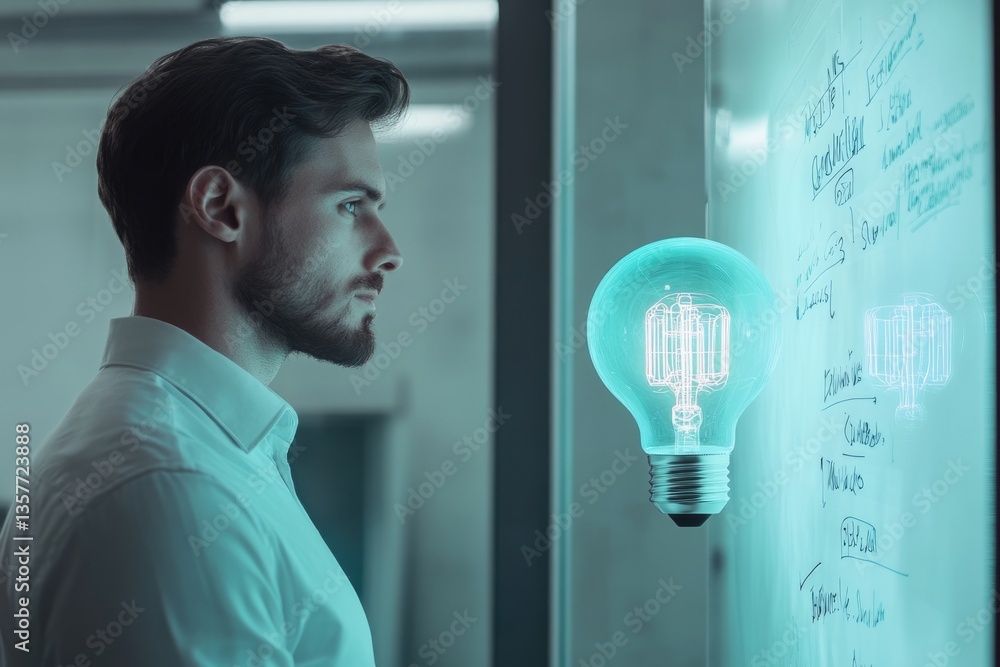 Poster a man contemplates a glowing lightbulb, symbolizing innovation and creative problem-solving in a tec