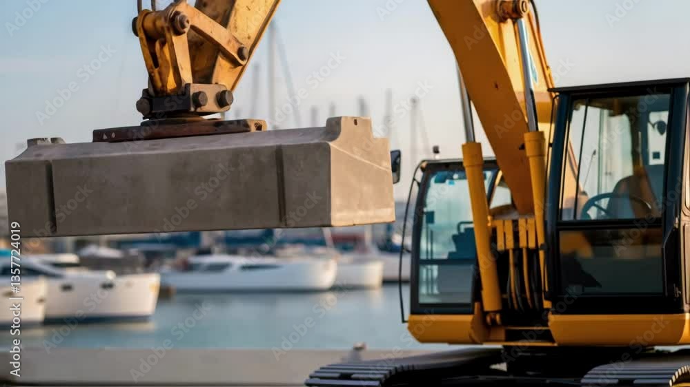 Poster a medium closeup of an excavators arm lifting large concrete blocks with a harbor filled with boats 