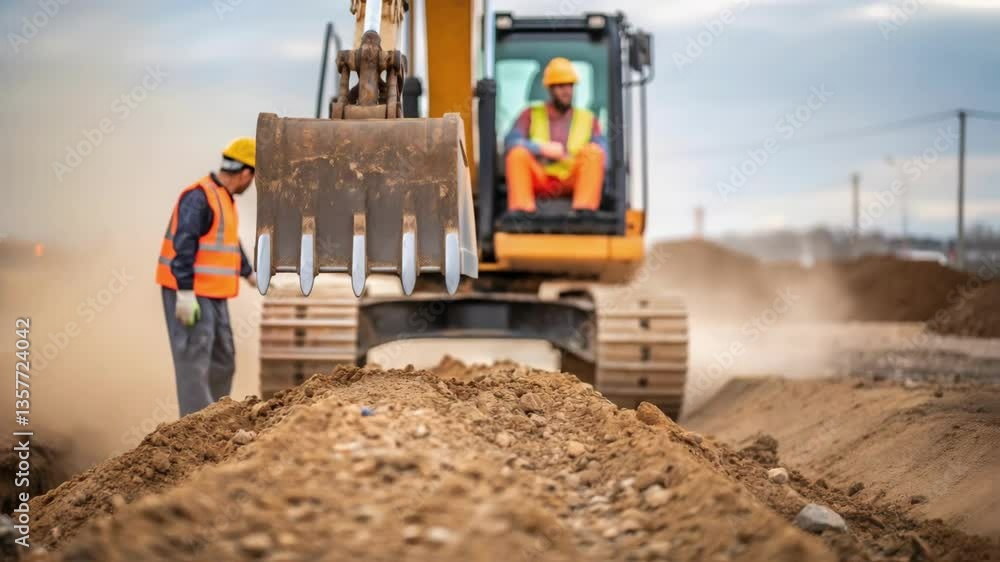 Aufkleber A medium closeup of an excavator digging deep foundations with dirt and gravel flying as workers in safety vests direct the operation with focused expressions.