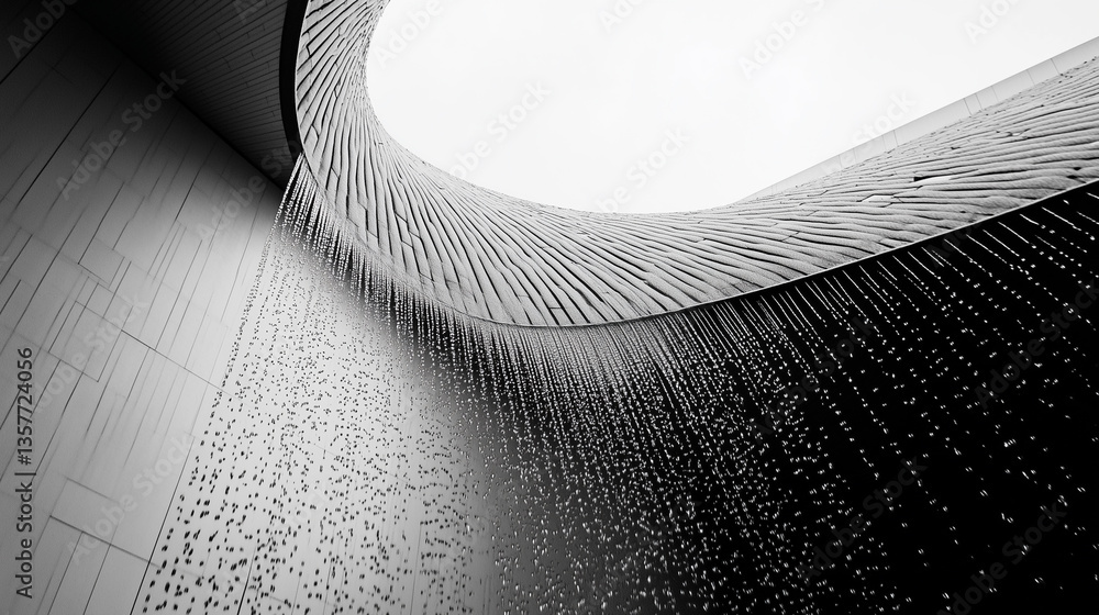 Poster cascading lines of rain captured mid-motion under a unique architectural design on a cloudy day