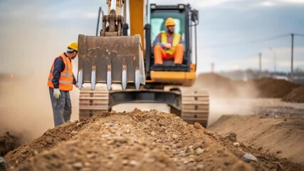 A medium closeup of an excavator digging deep foundations with dirt and gravel flying as workers in safety vests direct the operation with focused expressions.