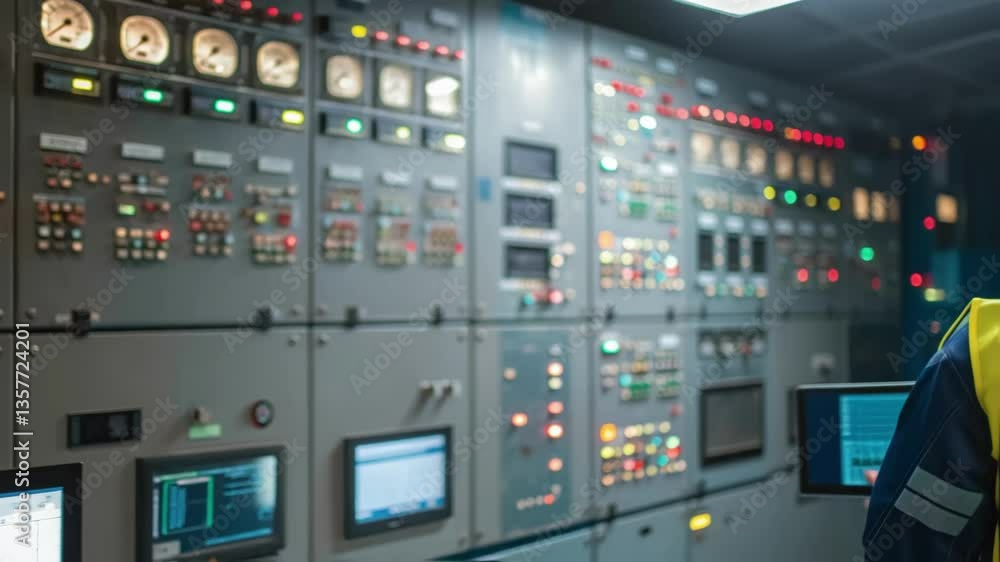 Fototapete A medium closeup of an operator wearing safety gear intently observing pipeline flow data on a tablet while standing in front of a large complex control panel filled with blinking