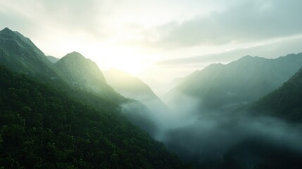 A serene mountain landscape shrouded in mist, illuminated by soft sunlight, showcasing the beauty of nature.
