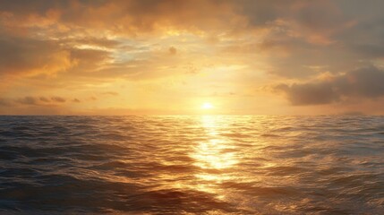 Obraz premium A serene sunset over a calm ocean, with golden reflections on the water surface and soft clouds in the sky.
