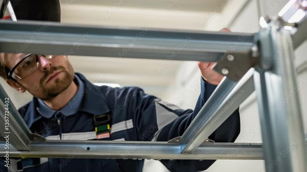 Poster a medium closeup of a quality control technician examining weld joints under a bright inspection lig