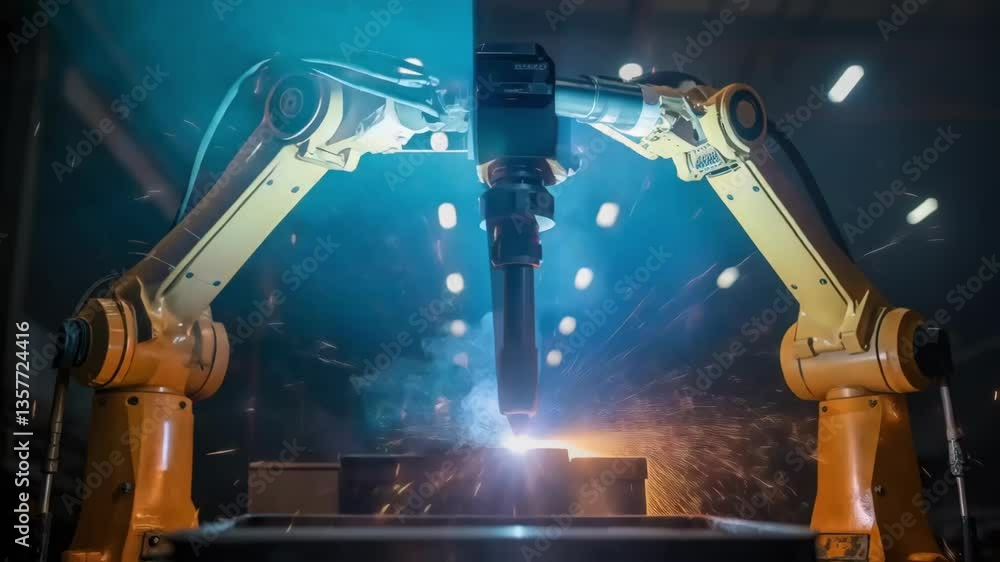 Poster a medium closeup of a robotic arm in action welding two metal pieces together with sparks flying and