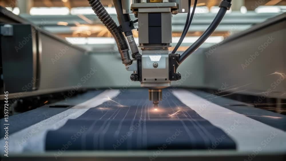 Leinwandbilder A medium closeup of a robot stitching together layers of fabric with sparks from a laser ting machine visible in the background illustrating integration of multiple technologies.