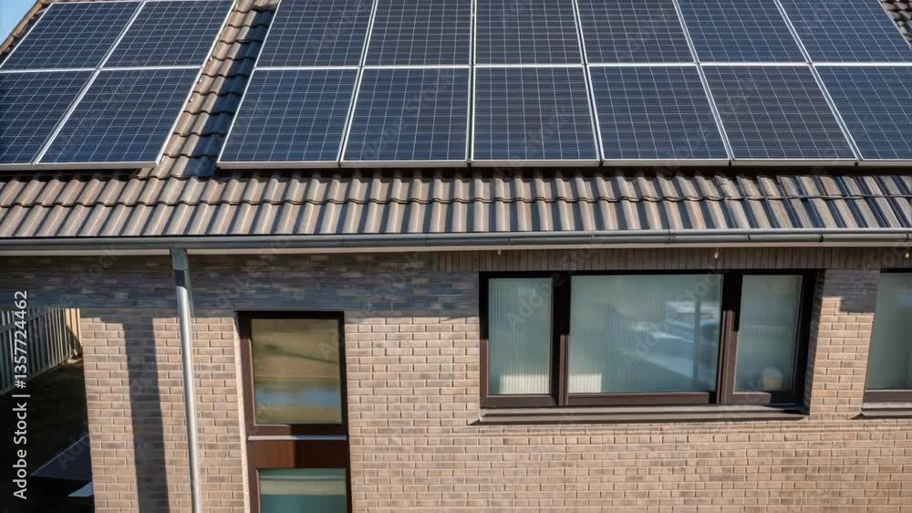 Poster a medium closeup of a rooftop covered with multiple solar panels capturing the contrast between dark