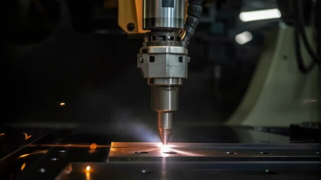 A medium closeup of a robots end effector highlighting the precision welding nozzle balanced delicately surrounded by sparks and intense light from the welding process.