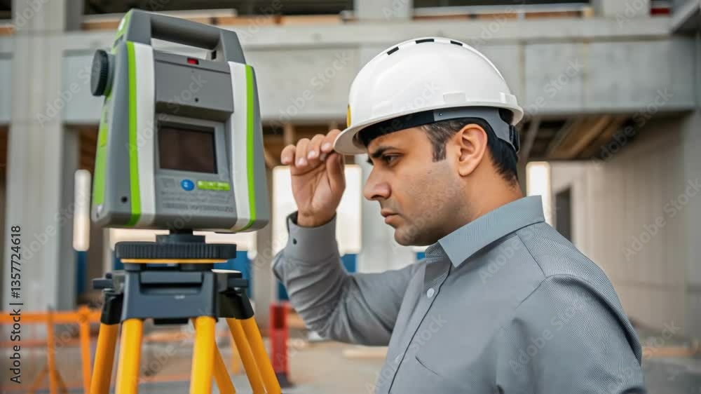 Aufkleber A medium closeup of a scanning technician adjusting the laser scanners settings with a partially built structure and equipment in the background illustrating the scanning setup
