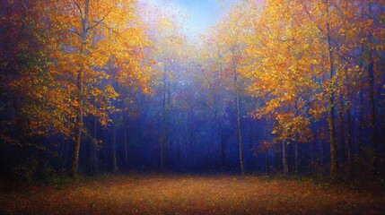 Fototapeta premium A serene forest scene with vibrant autumn foliage, showcasing golden leaves against a dark, moody background.