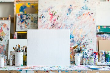 Blank canvas in vibrant art studio with paint supplies and colorful background