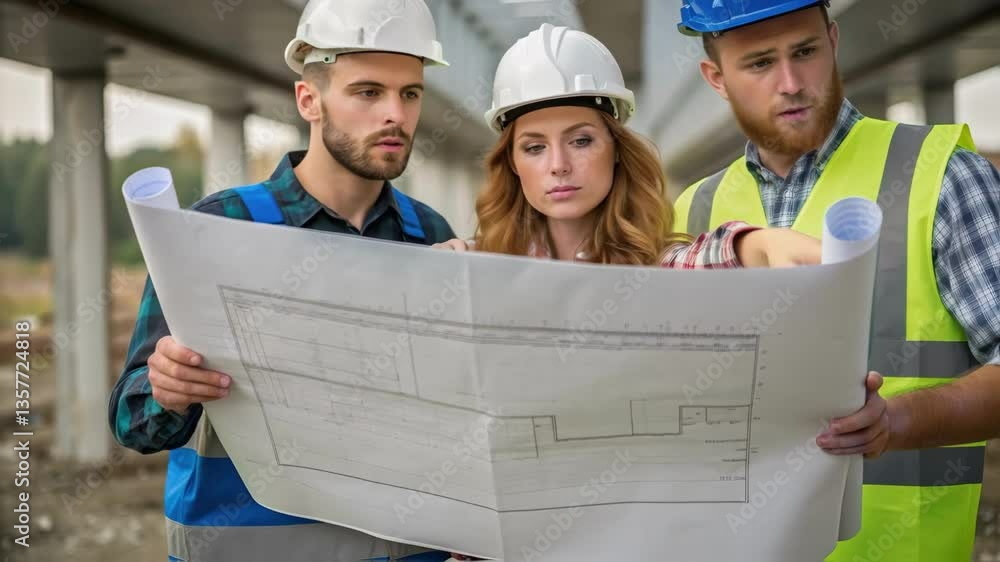 Poster A medium closeup of a team collaborating one member holding a blueprint while others position a large prefabricated bridge segment into place their expressions focused and