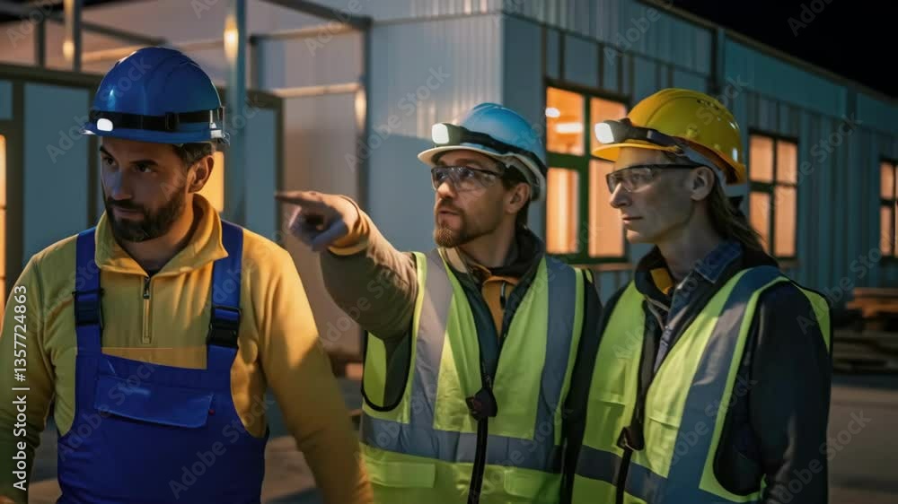 Poster A medium closeup of a team leader discussing blueprints with workers their faces illuminated by task lights illustrating collaboration and planning in modular construction.