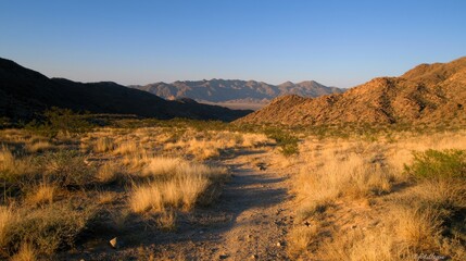 Obraz premium A serene landscape featuring rolling hills, dry grass, and distant mountains under a clear blue sky, showcasing the beauty of nature.
