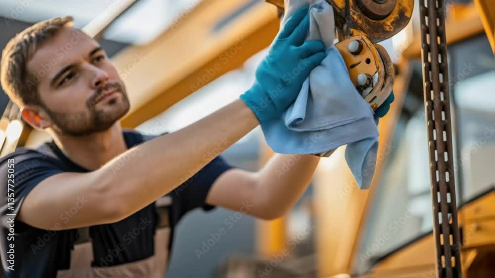 Poster a medium closeup of a technician cleaning the control mechanisms of a crane with a cloth concentrate