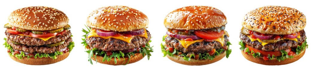 Four Mouthwatering Double Burgers with Various Toppings on a Transparent Backdrop