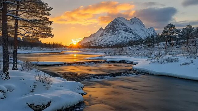 Serene winter landscape at sunset with mountains reflecting on a river in a snowy setting