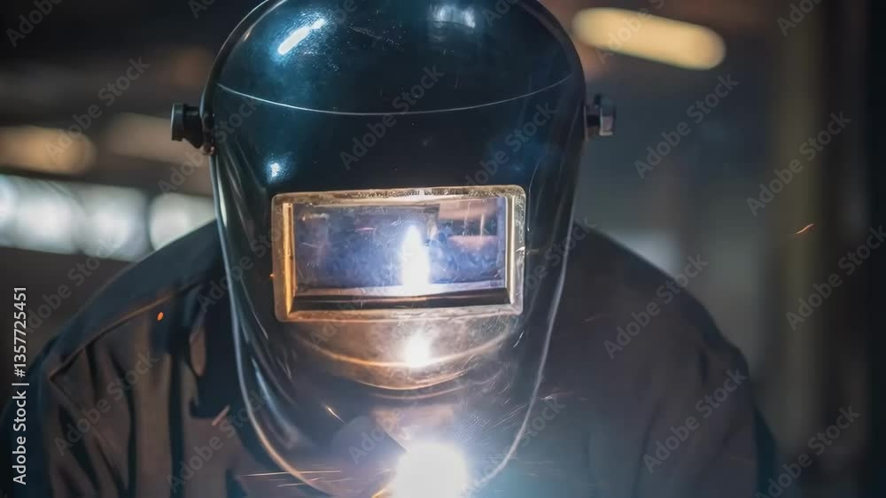 Poster a medium closeup of a welders helmet reflecting the flurry of sparks with the glowing welding arc vi