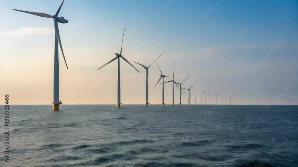 Poster a medium closeup of a wind farms initial stage with several turbine towers rising from the water see