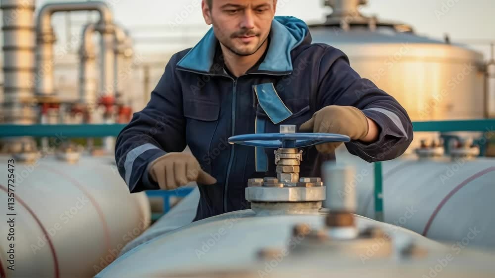 Poster a medium closeup of a worker adjusting a valve on a fuel storage tank with their expression showing 