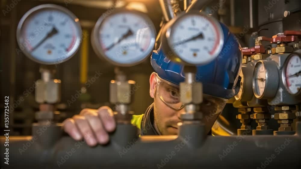 Poster A medium closeup of a worker checking gauges on a filtration system with reflections of the machinery visible in their safety glasses.