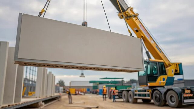 A medium closeup of a wall panel being hoisted into place by a crane capturing the moment of assembly with construction equipment in the background.