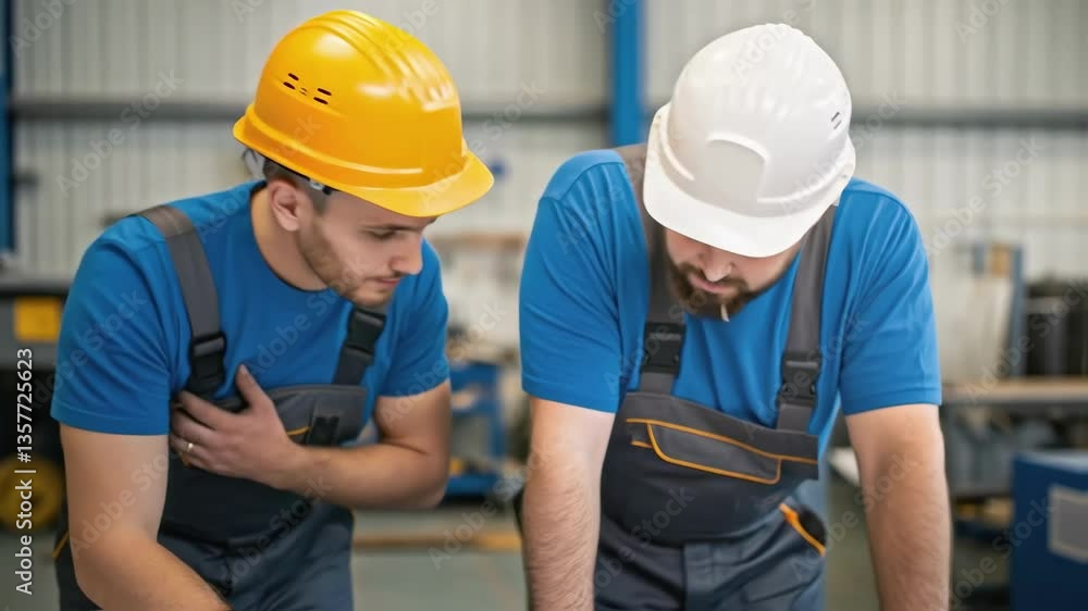 Aufkleber A medium closeup of a worker leaning over a blueprints folder tracing their finger along a schematic of the generator as a teammate discusses assembly steps showcasing the planning