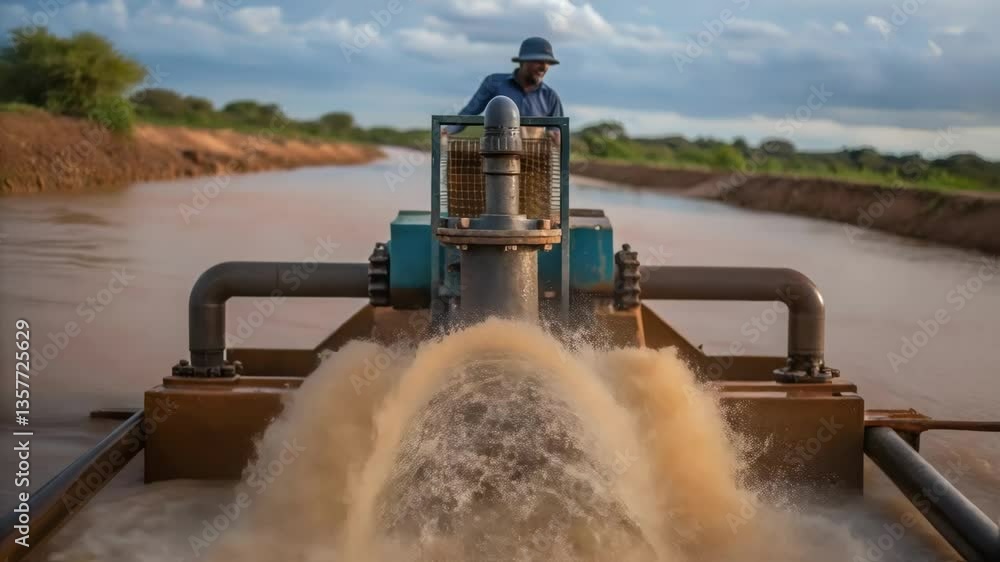 Poster a medium closeup of a worker operating a water pump to divert river flow with splashes of water appe