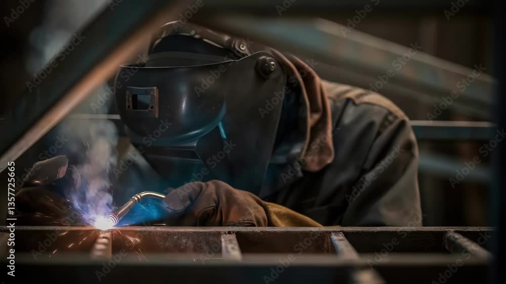 Poster a medium closeup of a workers face reflecting concentration and determination with a steel frame bei