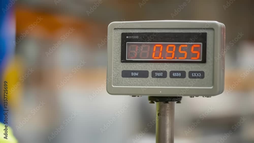 Poster A medium closeup of a worker wearing safety goggles intently observing the digital display of a weighing machine with a focused expression highlighting concentration.