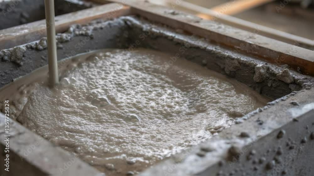 Poster A medium closeup of concrete pouring into a mold capturing the texture and consistency of the mixture as it begins to set around the foundation of the incinerator.