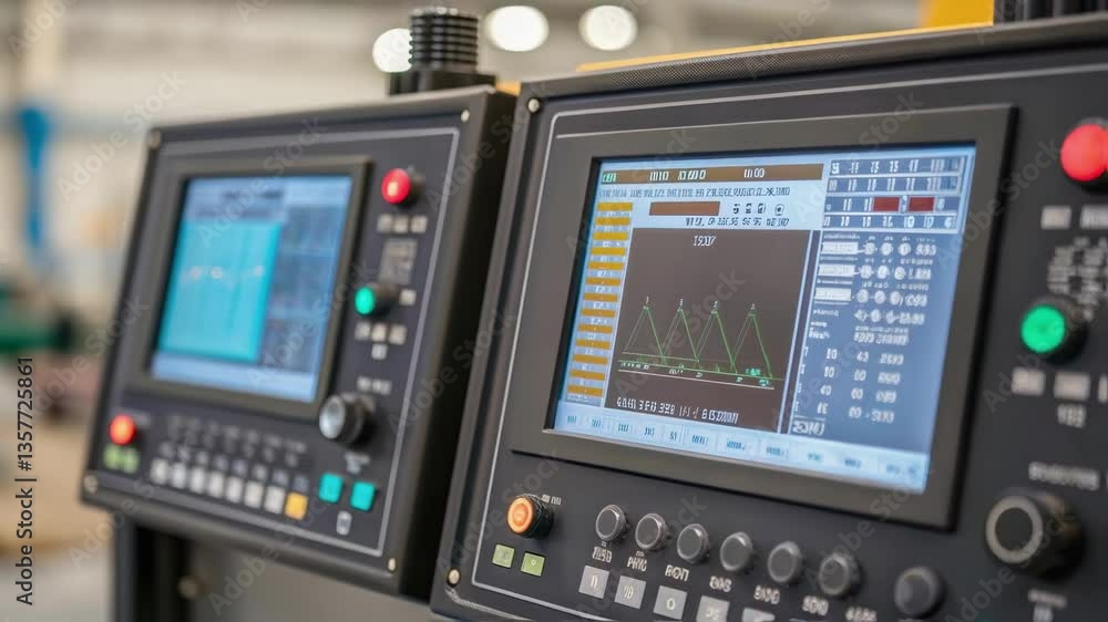 Aufkleber A medium closeup of control panels featuring digital interfaces displaying realtime operational data and settings for the robotic welding systems.