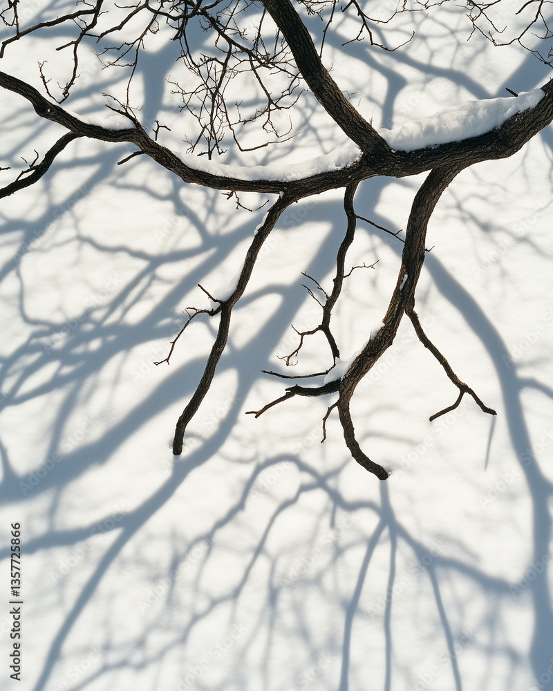Aufkleber interlocking tree branches cast intricate shadows on a fresh blanket of snow