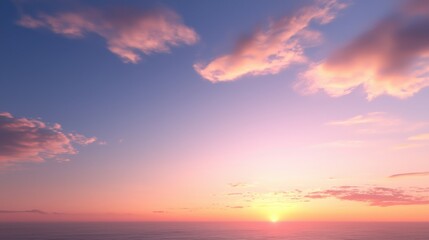 Fototapeta premium A serene sunset over calm waters, with soft clouds and a gradient sky painted in warm hues of orange and pink.