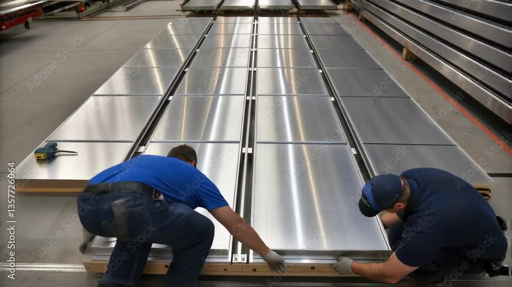 Poster A medium closeup of large stainless steel panels being aligned with workers collaborating to fit them together underscoring teamwork in the assembly process.