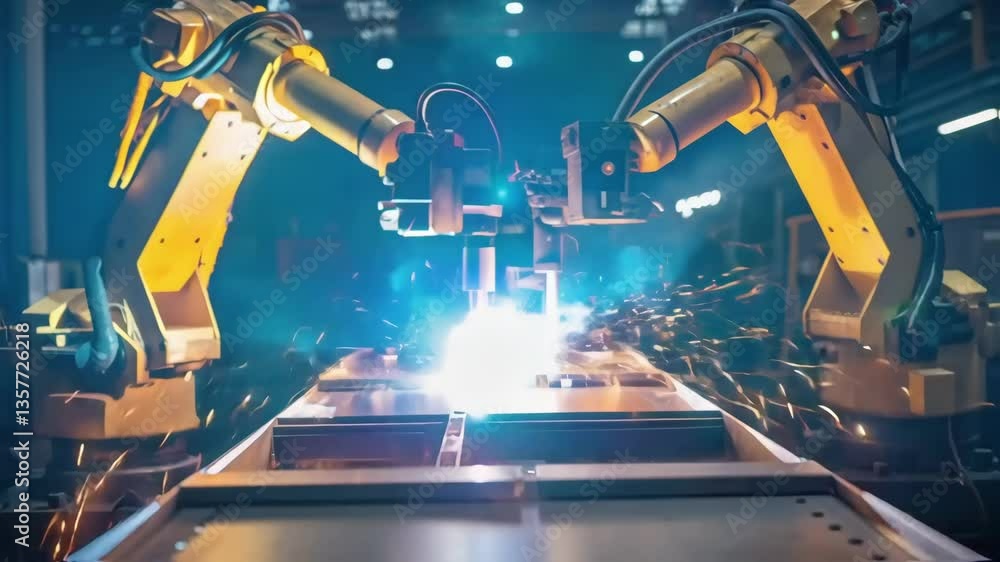 Aufkleber A medium closeup of robotic welders seamlessly fusing metal parts together with molten sparks illuminating the workspace and showcasing the automation process.