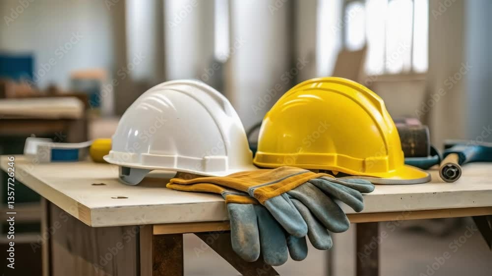 Poster a medium closeup of safety equipment including hard hats and gloves resting on a workbench symbolizi