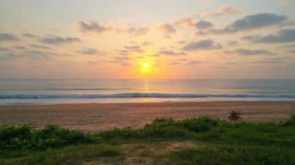 A serene beach at sunset, with gentle waves lapping at the shore and a vibrant sky filled with clouds illuminated by the setting sun.