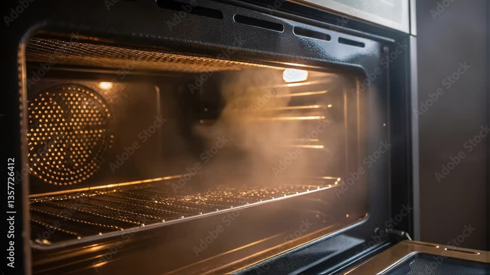 Poster A medium closeup of steam emitting from the ovens discharge vent captured in detail with condensation creating a light mist in the air reflecting the intense baking process inside.