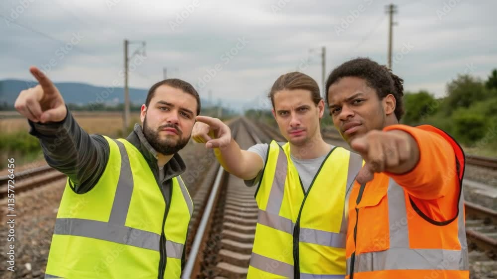Poster A medium closeup of team members in fluorescent vests communicating pointing to a section of railway needing additional ballast.