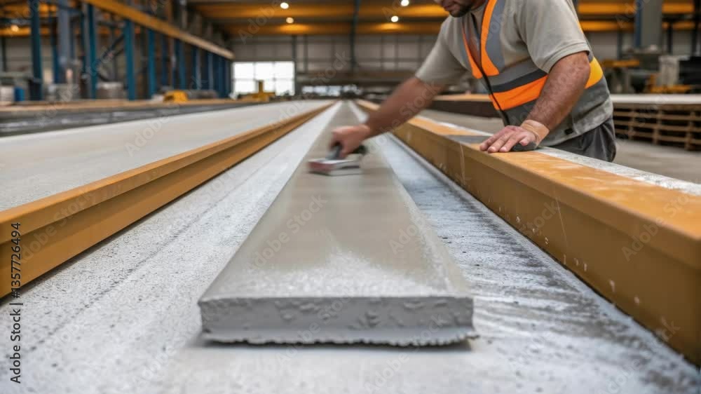 Poster A medium closeup of the finishing process where a worker is applying a smoothing agent onto the surface of a prestressed concrete beam showing the contrast between the freshly