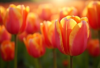 Fototapeta premium Red orange tulips in flowerbed in Springtime at Rayong