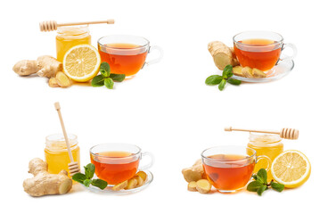 Cup of hot ginger tea with slices of ginger root isolated on white background. Warming drink. Alternative medicine. Tea with honey, lemon, ginger and mint. Space for text. Copy space